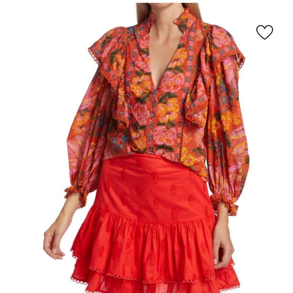 Farm Rio Red Spring Bananas Ruffle Blouse Women’s SIZE XS Red Floral